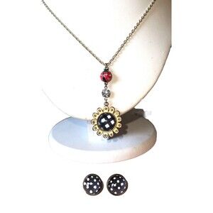 Necklace/Earrings Polka Dots/Lady Bug/Rhinestone Silver Toned 17” Chain 21” Tota